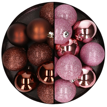 24x stuks kunststof kerstballen mix van donkerbruin en roze 6 cm