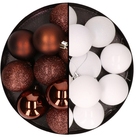 24x stuks kunststof kerstballen mix van donkerbruin en wit 6 cm