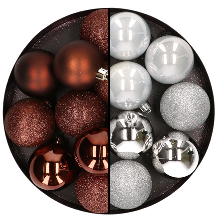 24x stuks kunststof kerstballen mix van donkerbruin en zilver 6 cm