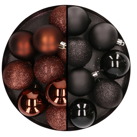 24x Christmas baubles mix dark brown and black 6 cm plastic matte/shiny/glitter