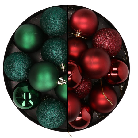 24x Christmas baubles mix dark green and dark red 6 cm plastic matte/shiny/glitter