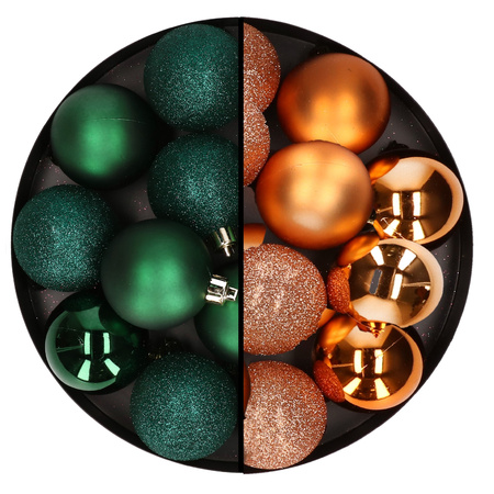 24x Christmas baubles mix dark green and copper 6 cm plastic matte/shiny/glitter