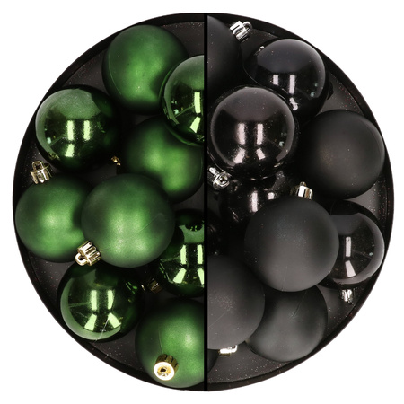 24x pcs plastic christmas baubles mix of dark green and black 6 cm