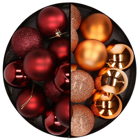24x Christmas baubles mix dark red and copper 6 cm plastic matte/shiny/glitter