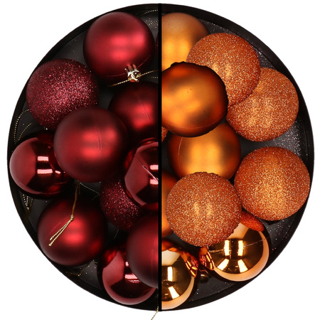 24x stuks kunststof kerstballen mix van donkerrood en oranje 6 cm