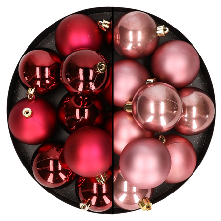 24x pcs plastic christmas baubles mix of dark red and velvet pink 6 cm