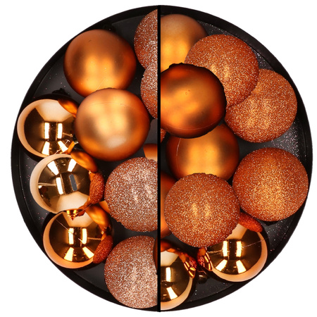 24x Christmas baubles mix copper and orange 6 cm plastic matte/shiny/glitter