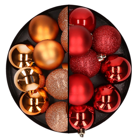 24x Christmas baubles mix copper and red 6 cm plastic matte/shiny/glitter