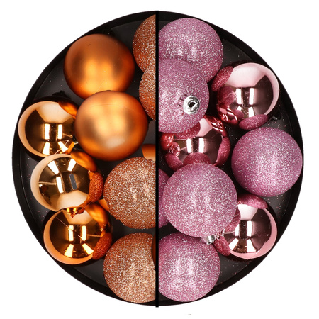 24x stuks kunststof kerstballen mix van koper en roze 6 cm