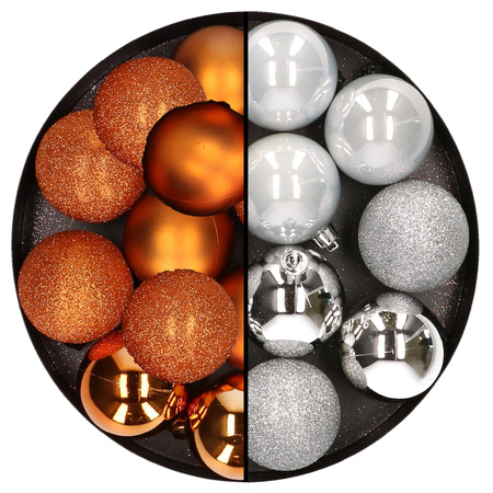 24x stuks kunststof kerstballen mix van koper en zilver 6 cm