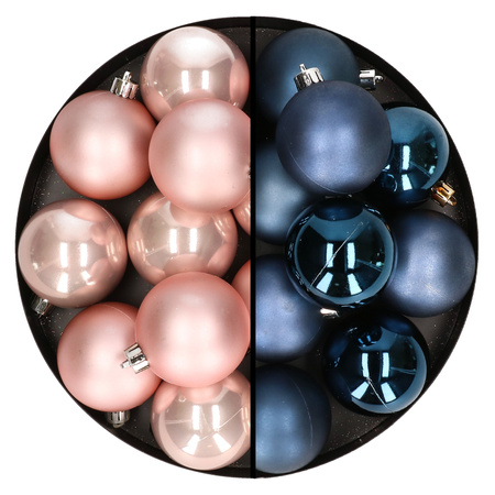 24x stuks kunststof kerstballen mix van lichtroze en donkerblauw 6 cm