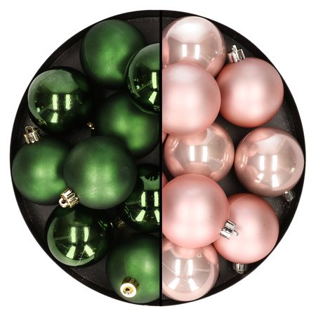 24x stuks kunststof kerstballen mix van lichtroze en donkergroen 6 cm