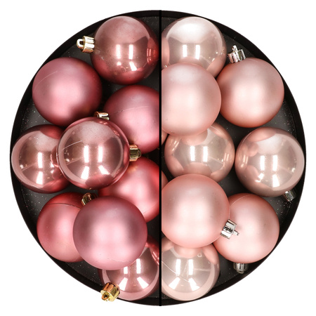 24x stuks kunststof kerstballen mix van lichtroze en oudroze 6 cm