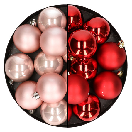 24x pcs plastic christmas baubles mix of light pink and red 6 cm