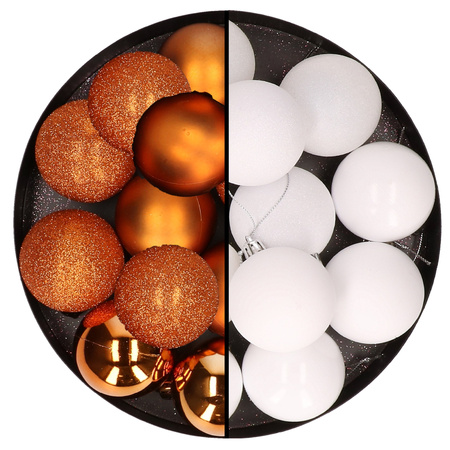 24x stuks kunststof kerstballen mix van oranje en wit 6 cm