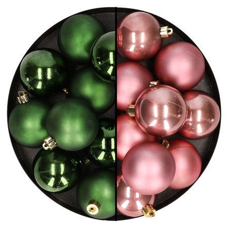 24x stuks kunststof kerstballen mix van oudroze en donkergroen 6 cm