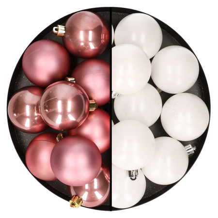 24x pcs plastic christmas baubles mix of velvet pink and white 6 cm