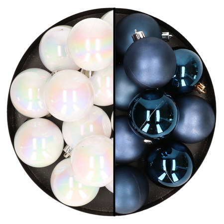 24x pcs plastic christmas baubles mix of white pearl and dark blue 6 cm