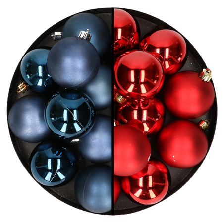 24x pcs plastic christmas baubles mix of red and dark blue 6 cm