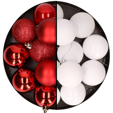 24x stuks kunststof kerstballen mix van rood en wit 6 cm