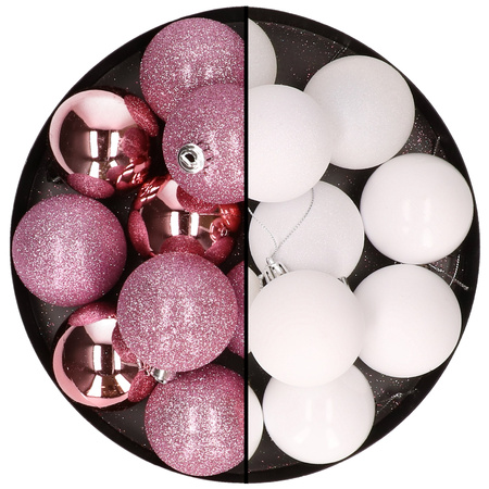 24x stuks kunststof kerstballen mix van roze en wit 6 cm