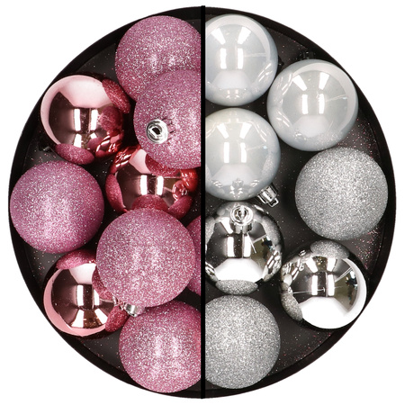 24x stuks kunststof kerstballen mix van roze en zilver 6 cm