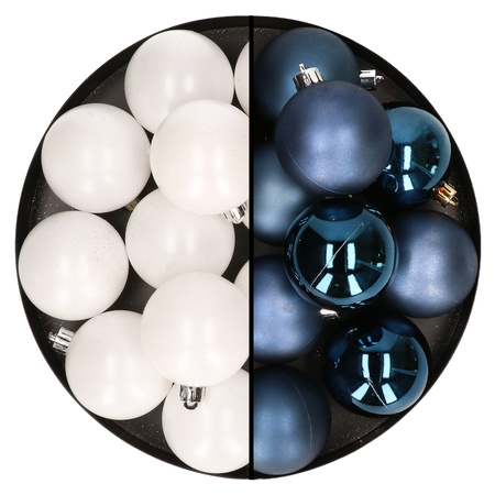 24x stuks kunststof kerstballen mix van wit en donkerblauw 6 cm