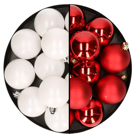 24x pcs plastic christmas baubles mix of white and red 6 cm