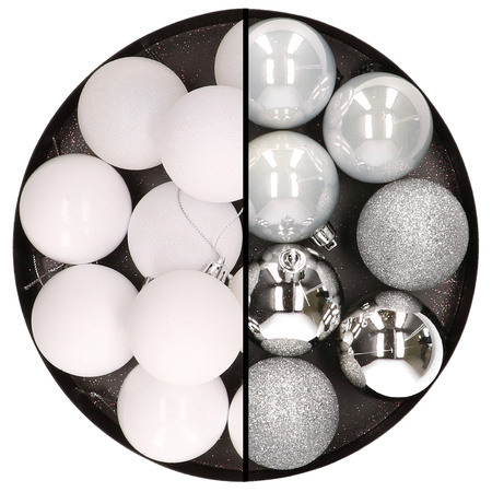 24x stuks kunststof kerstballen mix van wit en zilver 6 cm