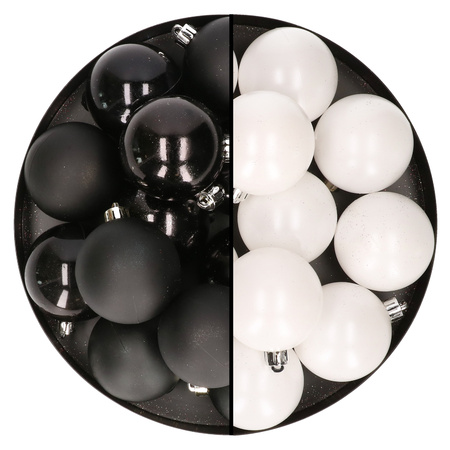 24x stuks kunststof kerstballen mix van wit en zwart 6 cm