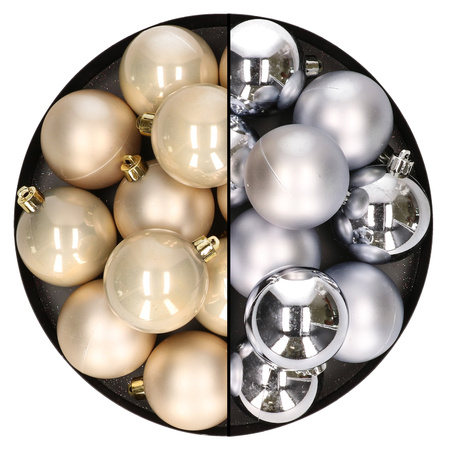 24x stuks kunststof kerstballen mix van zilver en champagne 6 cm