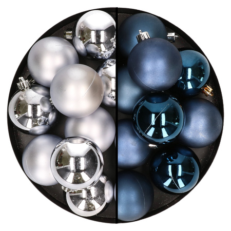 24x stuks kunststof kerstballen mix van zilver en donkerblauw 6 cm
