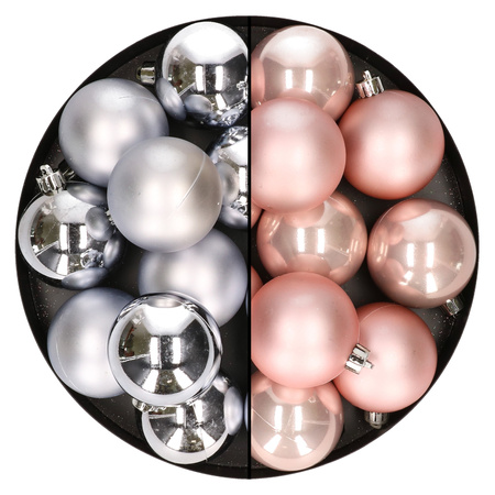 24x stuks kunststof kerstballen mix van zilver en lichtroze 6 cm