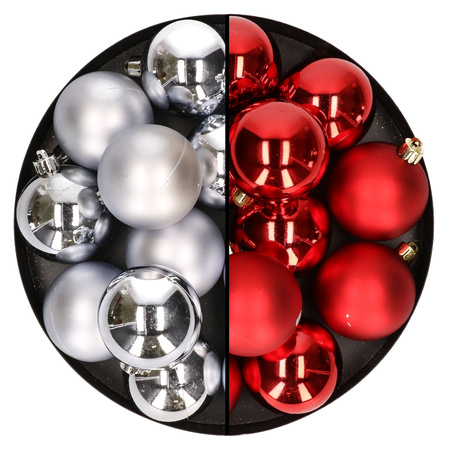 24x stuks kunststof kerstballen mix van zilver en rood 6 cm