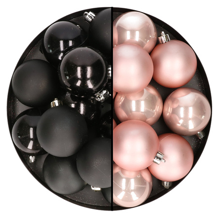 24x stuks kunststof kerstballen mix van zwart en lichtroze 6 cm