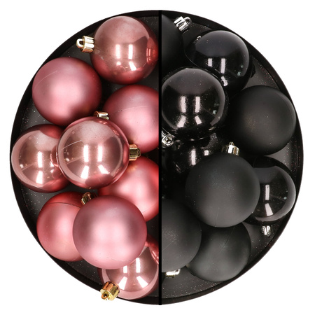 24x pcs plastic christmas baubles mix of black and velvet pink 6 cm