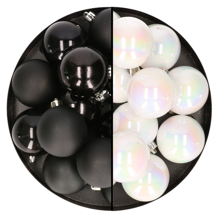 24x stuks kunststof kerstballen mix van zwart en parelmoer wit 6 cm