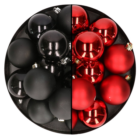 24x stuks kunststof kerstballen mix van zwart en rood 6 cm