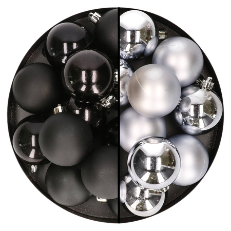 24x stuks kunststof kerstballen mix van zwart en zilver 6 cm