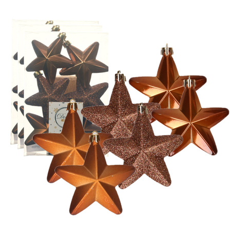 24x Plastic stars christmas tree hangers cinnamon brown 7 cm