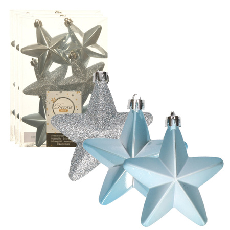 24x Plastic stars christmas tree hangers light blue 7 cm