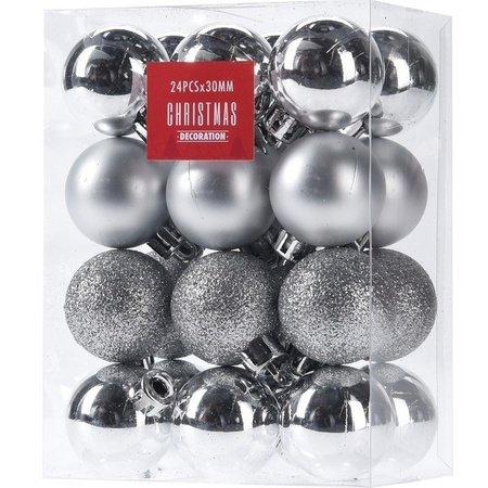 24x Glans/mat/glitter kerstballen zilver 3 cm kunststof kerstboom versiering/decoratie