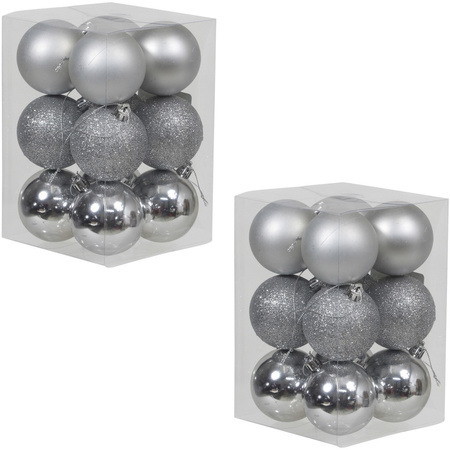 24x Silver Christmas baubles shiny/matt/glitter 6 cm plastic 