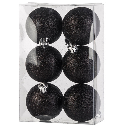 24x Kunststof kerstballen glitter zwart 6 cm kerstboom versiering/decoratie