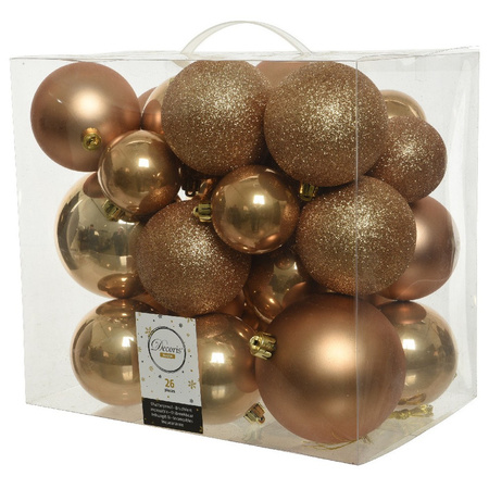 26x Kunststof kerstballen mix camel bruin 6-8-10 cm kerstboom versiering/decoratie