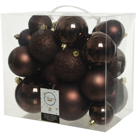 26x Kunststof kerstballen mix donkerbruin 6-8-10 cm kerstboom versiering/decoratie
