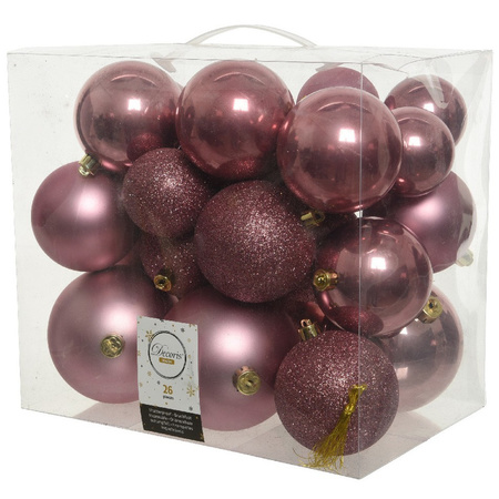 26x Kunststof kerstballen mix oud roze 6-8-10 cm kerstboom versiering/decoratie