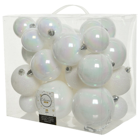 Pakket 32x stuks kunststof kerstballen en sterren ornamenten wit parelmoer
