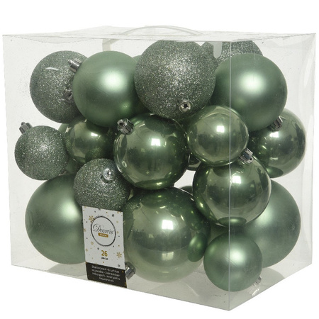 26x Kunststof kerstballen mix salie groen 6-8-10 cm kerstboom versiering/decoratie