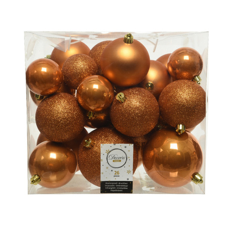 26x Plastic christmas baubles cognac brown (amber) 6-8-10 cm 